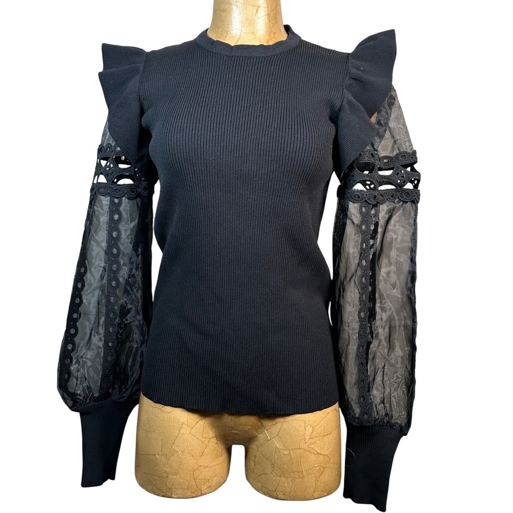 Black Ribbed Knit Top Avant Garde XL Sheer Lace Eyelet Puff Sleeve Ruffle State